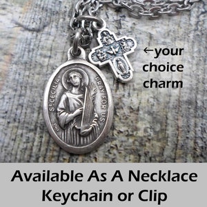 St. Cecilia Necklace, Keychain or Clip, Patron Saint of Musicians, Confirmation Gift, with Your Choice of Charm