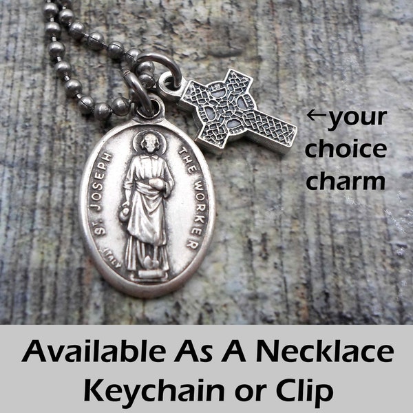 St. Joseph the Worker Charm Necklace, Keychain or Clip, Patron Saint Carpenters, Confirmation Gift