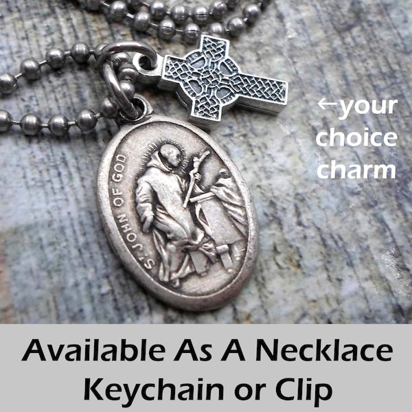 St. John of God Charm Necklace, Keychain or Clip, Patron Saint of Those with Heart Disease, Heart Attack, Surgery, Get Well Prayer Gift