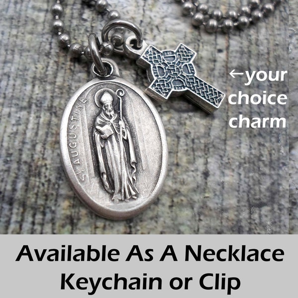 St. Augustine Charm Necklace, Keychain or Clip, Patron Saint Confirmation Gift, Catholic Jewelry, with Your Choice  Italian Charm
