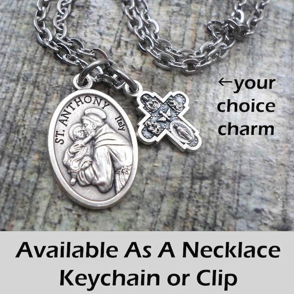 St. Anthony of Padua Charm Necklace, Keychain or Clip, Patron Saint Confirmation Gift, Catholic Jewelry, with Your Choice  Italian Charm
