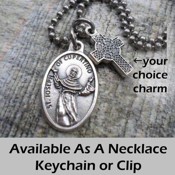 St. Joseph of Cupertino Necklace, Keychain or Clip, Patron Saint of Pilots, Flight Attendants, Confirmation Gift, with Your Choice of Charm