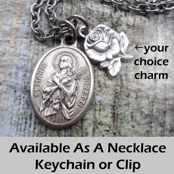 St. Maria Goretti Necklace, Keychain or Clip, Patron Saint of Girls and Teens, Confirmation Gift, with Your Choice of Charm