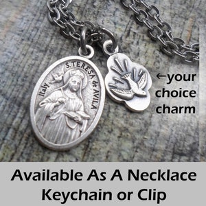 St. Teresa of Avila Necklace, Keychain or Clip, Patron Saint of Spain Confirmation Gift, with Your Choice of Charm