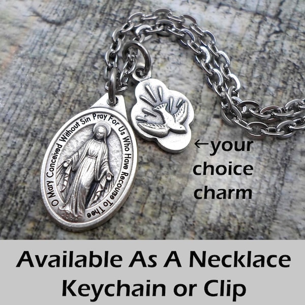 Miraculous Medal  Necklace, Keychain or Clip, Blessed Mother Mary, Virgin Mary, Our Lady, Catholic Jewelry, with Your Choice of Charm