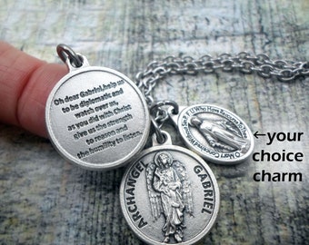 Archangel Gabriel Prayer Charm Necklace, Keychain or Clip, Patron Saint, Catholic Confirmation Gift, with Prayer on Reverse Side