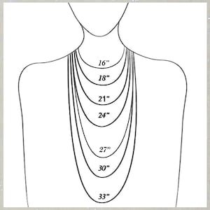 Pu&ograve; includere: Un disegno a linea di un collo e delle spalle di una persona con diverse lunghezze di collana contrassegnate in pollici. Le lunghezze sono 16", 18", 21", 24", 27", 30" e 33".