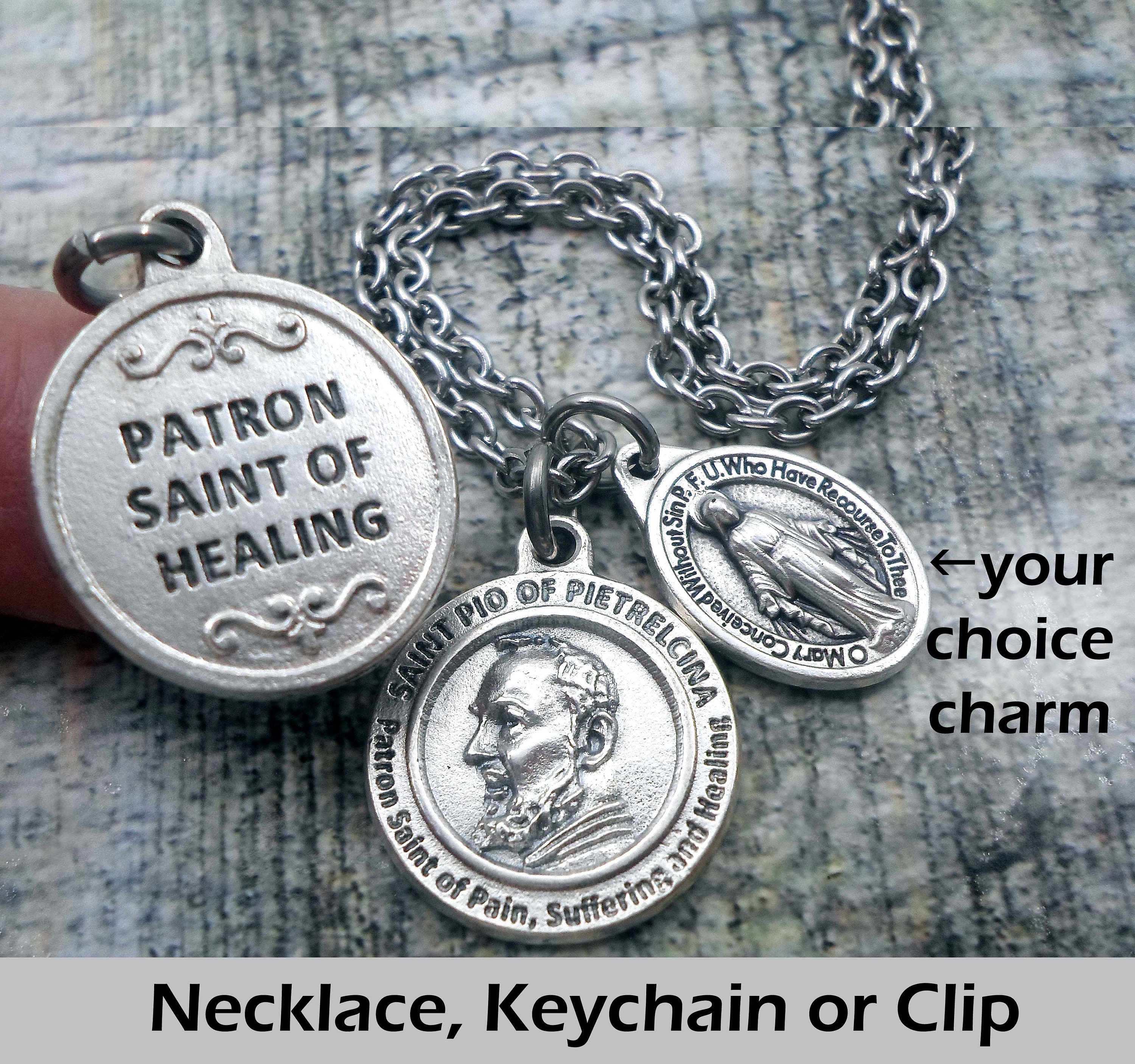 St Pio Patron Saint of Healing, Necklace, Keychain or Clip