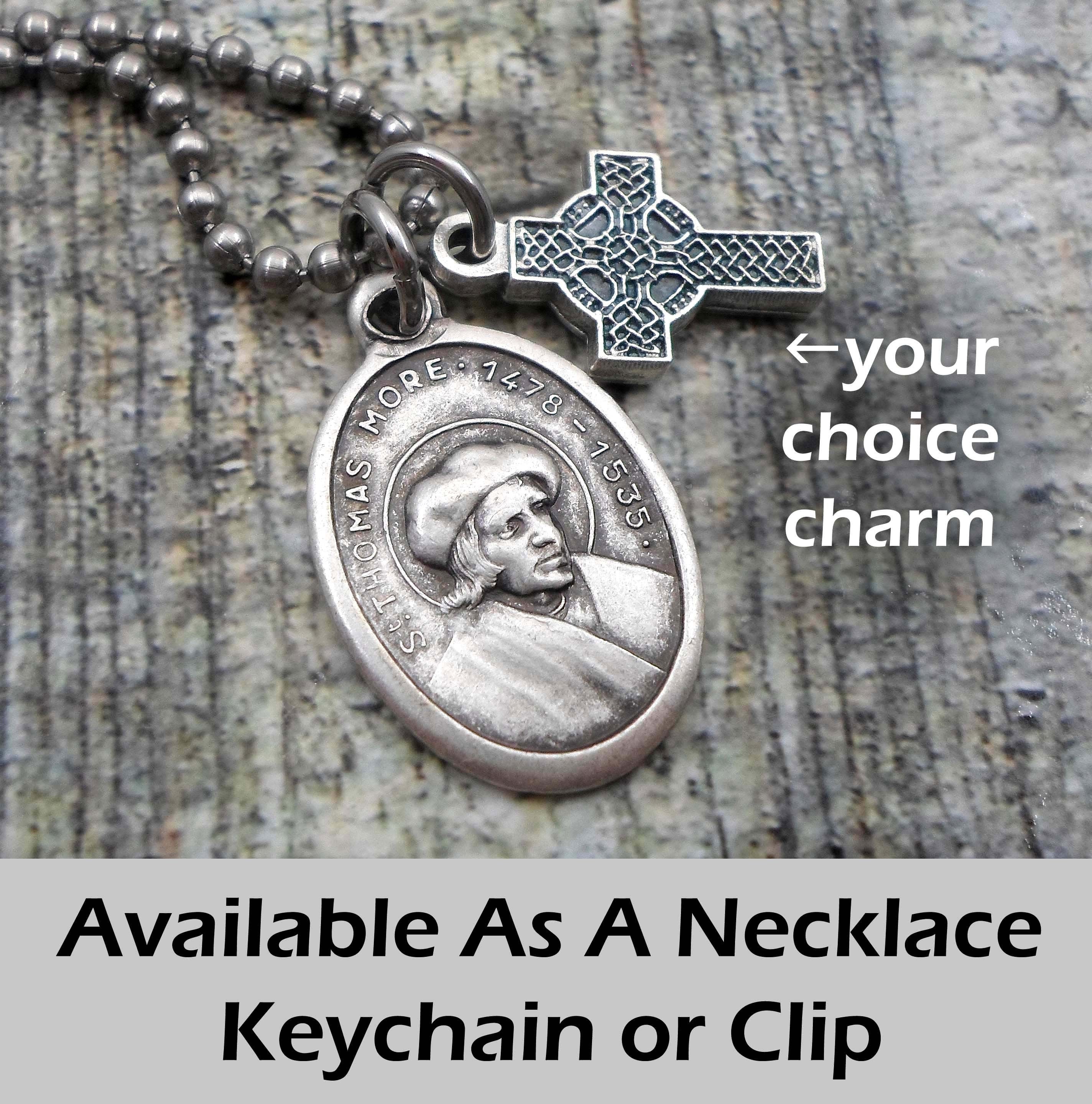St. Thomas More, Patron Saint of Lawyers Charm Necklace, Keychain or Clip, Confirmation Gift, with Your Choice  Italian Charm