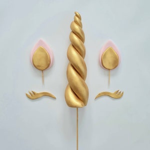 Unicorn Cake Topper, Horn, Lashes, Pink Ears, Gold