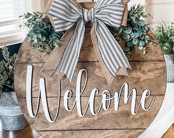 Front Door Decor, Front Door Wreath,3D Lettering, Shiplap Style Door Hanger, Welcome Door Hanger, Round Wood Welcome Sign, Year Round Wreath