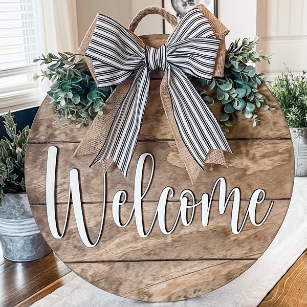 Front Door Decor, Front Door Wreath,3D Lettering, Shiplap Style Door Hanger, Welcome Door Hanger, Round Wood Welcome Sign, Year Round Wreath