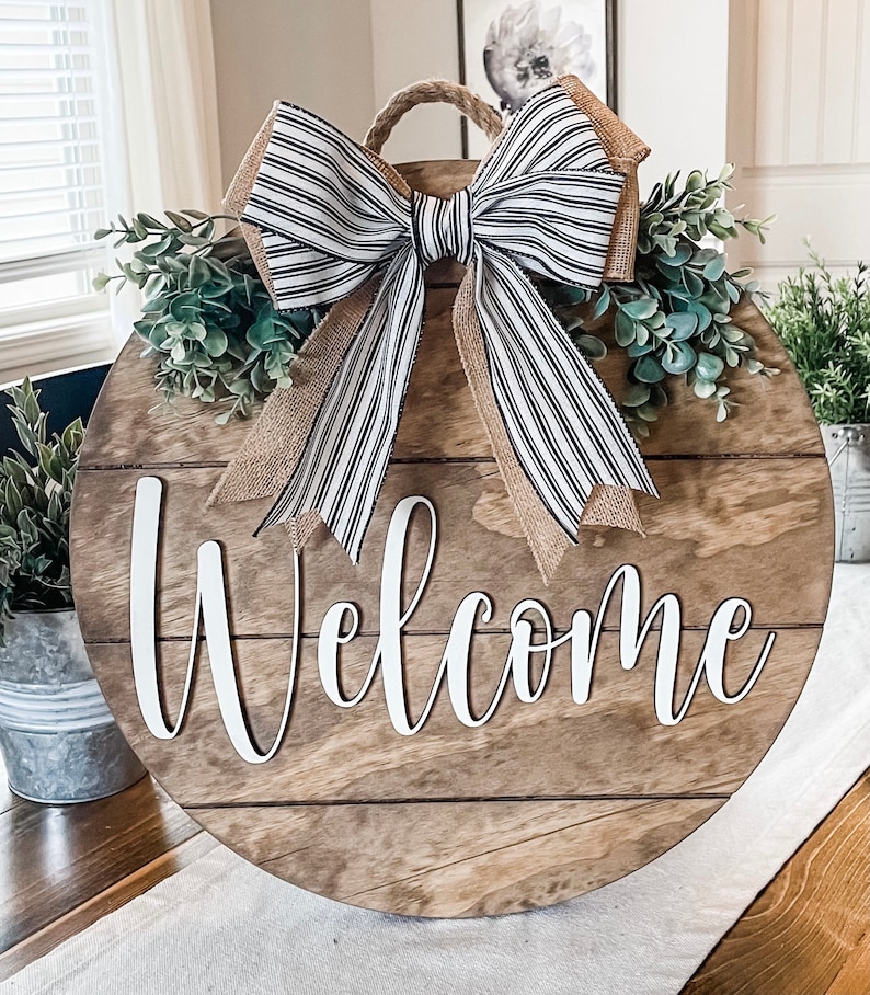 Front Door Decor, 3D Lettering, Shiplap Style Door Hanger, Welcome Door Hanger, Round Wood Welcome Sign, Year Round Wreath 