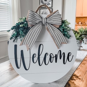 Front Door Decor, Front Door Wreath, 3D Lettering, Shiplap Style Door Hanger, Welcome Door Hanger, Round Welcome Sign, Year Round Wreath
