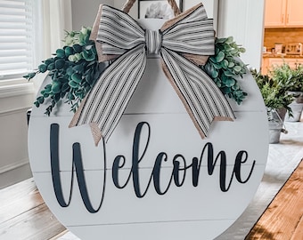 Front Door Decor, Front Door Wreath, 3D Lettering, Shiplap Style Door Hanger, Welcome Door Hanger, Round Welcome Sign, Year Round Wreath