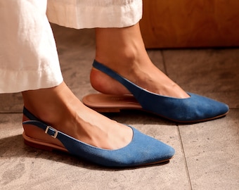 Handmade Blue Denim Suede Ballerina Shoes, ballet flats, leather shoes, womens flats, slingback flats