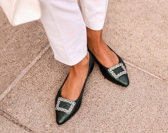 Handmade Swarovski Jewel Green Leather Ballerina Shoes, ballet flats, leather shoes, womens flats