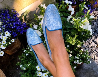 Handmade Suede Blue Leather Ballerina Shoes, ballet flats, leather shoes, womens flats