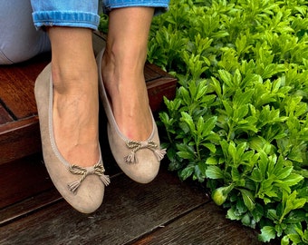 Handmade Beige Suede Ballerina Shoes, ballet flats, leather shoes, womens flats