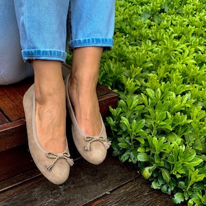 Handmade Beige Suede Ballerina Shoes, ballet flats, leather shoes, womens flats