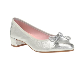 Chaussures de ballerine en cuir argenté faites à la main, ballerines, chaussures en cuir, chaussures de mariage