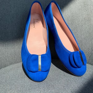 Bailarinas de gamuza azul hechas a mano, bailarinas, zapatos de cuero imagen 7