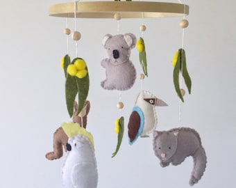 Hand Sewn Australian Animals Nursery Mobile, Koala, Kangaroo, Cockatoo, Kookaburra, Possum