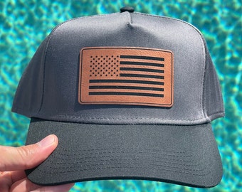 American Flag Leatherette Patch on Vintage Style 5 Panel Snapback