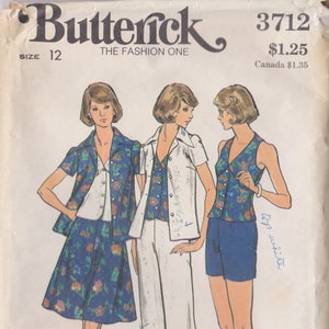 Vintage Butterick 3712 Pants Shorts Skirt Top Shirt Sewing Pattern 1970s Size 12