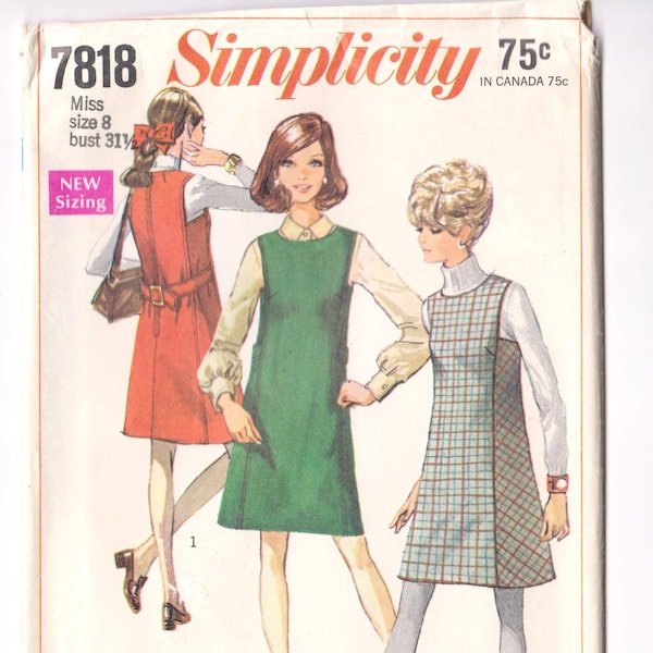 Vintage 1960s Simplicity 7818 Misses Sleeveless Dress Jumper Vintage Sewing Pattern Size 8 Bust 31 1/2