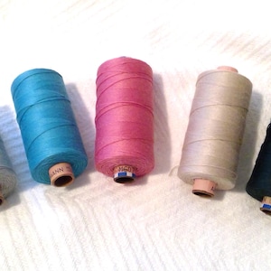 May include: Six spools of thread in various colours, including grey, blue, pink, beige, and black. The spools are all the same size and shape, and they are arranged in a row.