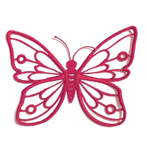 May include: A vibrant red butterfly patch with intricate embroidered details. The patch features a delicate outline and internal designs, perfect for adding a touch of nature-inspired flair to clothing or accessories. The butterfly's wings are open, showcasing its symmetrical design.