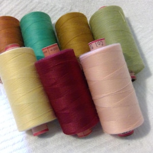 May include: Seven spools of thread in various colours, including brown, green, yellow, orange, peach, and red. The spools are arranged in a semi-circle on a white surface.