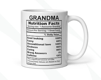Mok met voedingsfeiten oma, gepersonaliseerde mok, cadeau voor oma, voedingsfeiten oma, aangepaste mok, oma cadeau, Moederdag