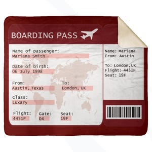 Bordkarte Decke, personalisierte Decke, Reisegeschenk, individuelles Geschenk, Bordkarte, individuelles Flugticket, individuelles Geschenk, Decke