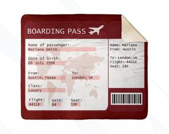Manta con tarjeta de embarque, manta personalizada, regalo para viajeros, regalo personalizado, tarjeta de embarque, billete de avión personalizado, regalo personalizado, manta