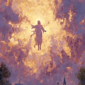 May include: An artistic painting depicts a figure ascending into a radiant, golden sky. Below, a crowd of people with raised arms watches. The scene is set against a backdrop of rolling hills, a church, and a dramatic, colorful sky.