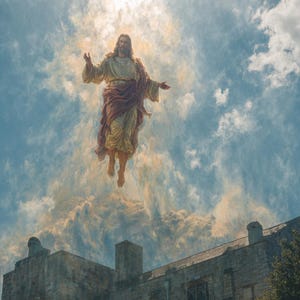Puede incluir: Imagen de una figura con túnicas flotantes ascendiendo hacia un cielo brillante y soleado. La figura, con los brazos extendidos, se cierne sobre un edificio de piedra con ventanas arqueadas y un tejado puntiagudo. El cielo está lleno de nubes.