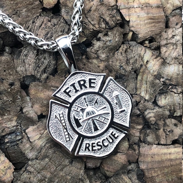 Firefighter Fire Rescue Pendant in Sterling Silver with 24” Stainless Wheat Chain