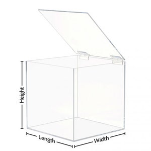May include: Clear acrylic box with a hinged lid. The box is square and has a height of 6 inches, a length of 6 inches, and a width of 6 inches.