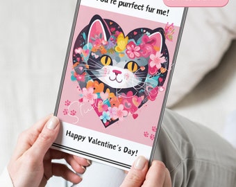 Cat Valentines Day Card, Colorful Abstract For Cat Lovers, You're purrfect fur me, Instant Download, Cat Pun, Personalize Blank Inside