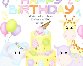 Birthday Party Clipart,Digital Birthday Party Clipart, Happy Birthday Clipart, Cake Clipart, Cute Animals Clipart,Digital, Clipart, PNG
