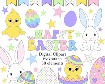 Cute Easter Clipart, Happy Easter, Easter Clipart, Bunny , Eggs, Chick, Colorful Clipart, Digital Download, PNG, 38 Elements