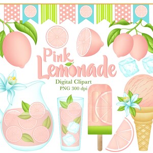 Pink Lemonade Clipart, Lemon Clipart, Summer, Pink Clipart, Summer Party, Ice Cream, Food and Drink, Digital Download, PNG