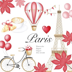 Acuarela París Clipart, Acuarela Romántica Clipart, San Valentín Clipart, Acuarela Roja Clipart, Love Clipart, Paris Clipart, Clipart