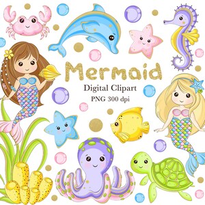 Meerjungfrau Clipart, Meerjungfrau, Meerwelt Clipart, Unterwasser, Sommer, Digitaler Download, PNG