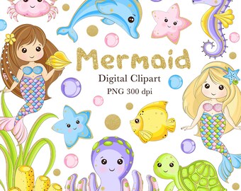 Mermaid Clipart, Cute Mermaids, Seaworld Clipart, Underwater, Summer, Digital Download, PNG