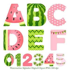 Watermelon Alphabet Clipart, Alphabet, Watermelon, Summer, Green & Pink Clipart, Digital Downloads, PNG