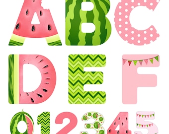 Watermelon Alphabet Clipart, Alphabet, Watermelon, Summer, Green & Pink Clipart, Digital Downloads, PNG