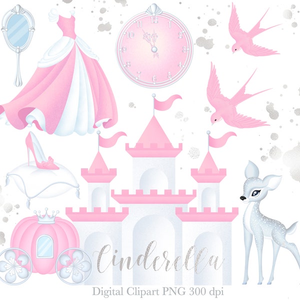 Cinderella Clipart, Castle Clipart, Pink and White Clipart, Silver, Little Princess, Digital Download, PNG